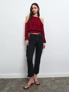 Nöista Red Draped Cold Shoulder Top With Long Sleeves For Party And Elegant Evening Occasions, Dinner Date, Weekend. Fall, Autumn, Winter Top. - Burgundy - View 3