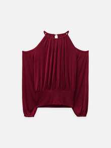 Nöista Red Draped Cold Shoulder Top With Long Sleeves For Party And Elegant Evening Occasions, Dinner Date, Weekend. Fall, Autumn, Winter Top. - Burgundy - View 6