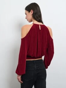 Nöista Red Draped Cold Shoulder Top With Long Sleeves For Party And Elegant Evening Occasions, Dinner Date, Weekend. Fall, Autumn, Winter Top. - Burgundy - View 2