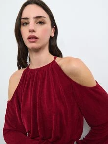 Nöista Red Draped Cold Shoulder Top With Long Sleeves For Party And Elegant Evening Occasions, Dinner Date, Weekend. Fall, Autumn, Winter Top. - Burgundy - View 4