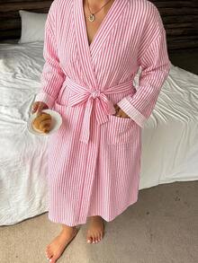 Dazy Plus Pink Striped Loose Long Robe, Spring/Autumn Home Wear Outerwear - Pink - View 4