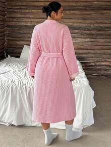 Dazy Plus Pink Striped Loose Long Robe, Spring/Autumn Home Wear Outerwear - Pink - View 6