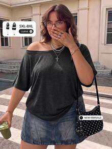SHEIN CURVE+ Casual Simple Solid Color Plus Size Women's T-Shirt, Suitable For Spring And Summer Wear - Black - View 10