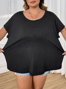 SHEIN CURVE+ Casual Simple Solid Color Plus Size Women's T-Shirt, Suitable For Spring And Summer Wear - Black - View 9