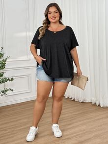 SHEIN CURVE+ Casual Simple Solid Color Plus Size Women's T-Shirt, Suitable For Spring And Summer Wear - Black - View 8