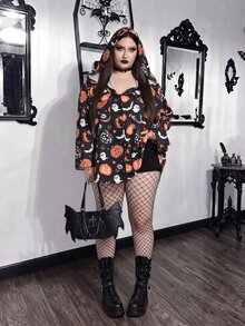 SHEIN CURVE+ 大尺碼南瓜印花連帽寬鬆襯衫，防曬，度假休閒萬聖節 - 彩色 - 查看 4