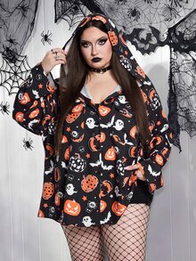 SHEIN CURVE+ 大尺碼南瓜印花連帽寬鬆襯衫，防曬，度假休閒萬聖節 - 彩色 - 查看 6