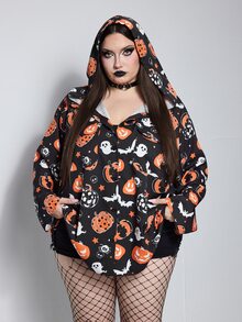 SHEIN CURVE+ 大尺碼南瓜印花連帽寬鬆襯衫，防曬，度假休閒萬聖節 - 彩色 - 查看 3