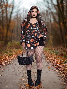 SHEIN CURVE+ 大尺碼南瓜印花連帽寬鬆襯衫，防曬，度假休閒萬聖節 - 彩色 - 查看 9