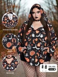 SHEIN CURVE+ 大尺碼南瓜印花連帽寬鬆襯衫，防曬，度假休閒萬聖節 - 彩色 - 查看 1