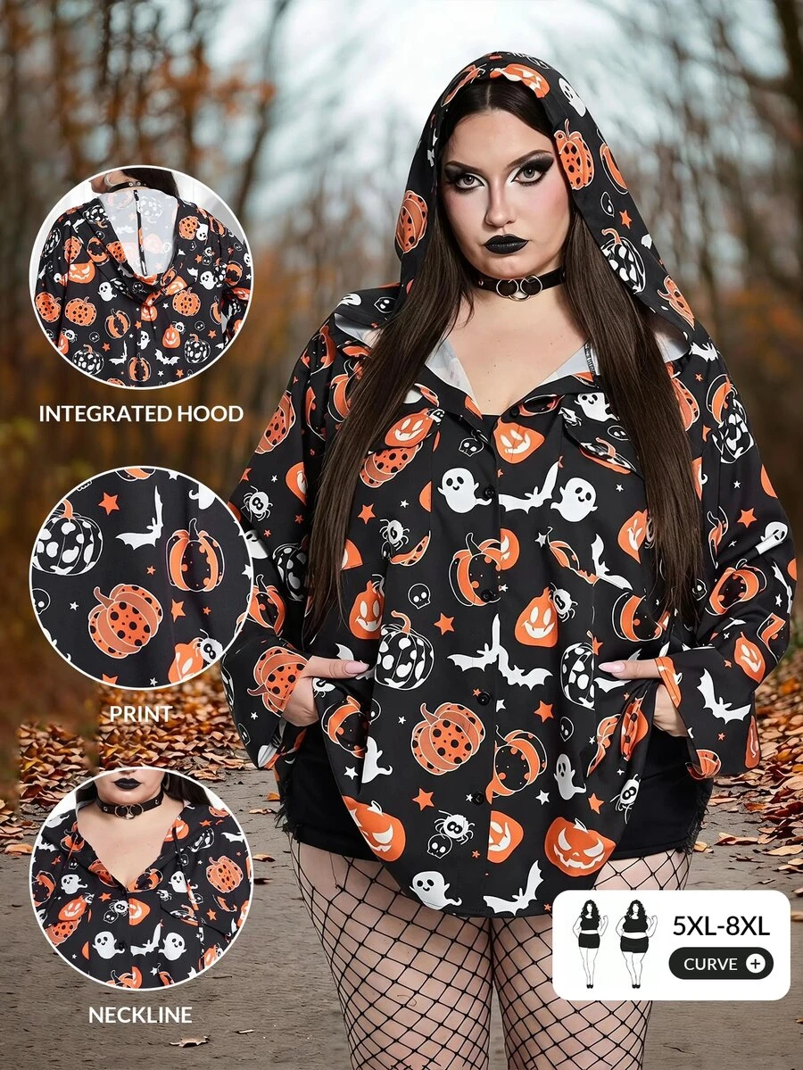 SHEIN CURVE+ 大尺碼南瓜印花連帽寬鬆襯衫,防曬,度假休閒萬聖節 - 彩色 - 查看 1
