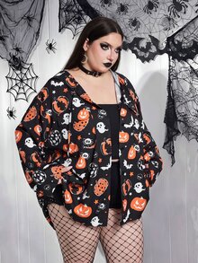 SHEIN CURVE+ 大尺碼南瓜印花連帽寬鬆襯衫，防曬，度假休閒萬聖節 - 彩色 - 查看 5