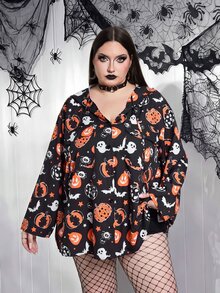 SHEIN CURVE+ 大尺碼南瓜印花連帽寬鬆襯衫，防曬，度假休閒萬聖節 - 彩色 - 查看 8