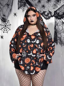 SHEIN CURVE+ 大尺碼南瓜印花連帽寬鬆襯衫，防曬，度假休閒萬聖節 - 彩色 - 查看 7