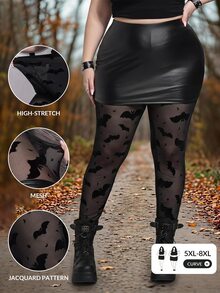 SHEIN CURVE+ سروال ضيق شفاف عالي المرونة بتصميم خفافيش للهالوين مقاس كبير - الأسود - مشاهدة 1