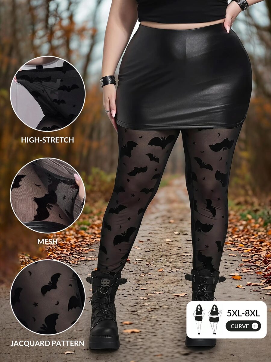 SHEIN CURVE+ سروال ضيق شفاف عالي المرونة بتصميم خفافيش للهالوين مقاس كبير - الأسود - مشاهدة 1