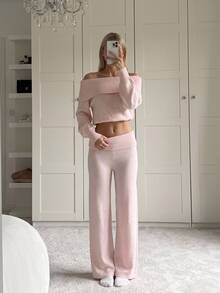 CovetEZ 2 Set Women's Solid Color Off-Shoulder Sweater Knit Pants 2 Pieces Set Brunch Baby Pink Autumn Casual - Pink - View 7