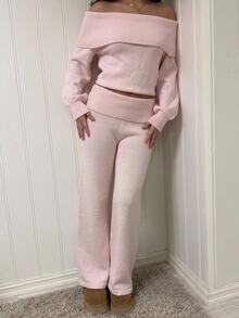 CovetEZ 2 Set Women's Solid Color Off-Shoulder Sweater Knit Pants 2 Pieces Set Brunch Baby Pink Autumn Casual - Pink - View 3