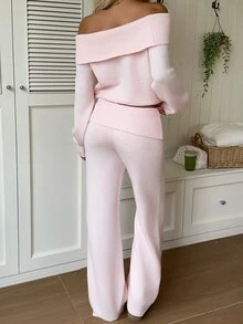 CovetEZ 2 Set Women's Solid Color Off-Shoulder Sweater Knit Pants 2 Pieces Set Brunch Baby Pink Autumn Casual - Pink - View 9