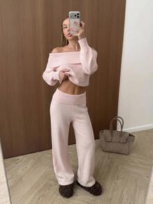 CovetEZ 2 Set Women's Solid Color Off-Shoulder Sweater Knit Pants 2 Pieces Set Brunch Baby Pink Autumn Casual - Pink - View 5
