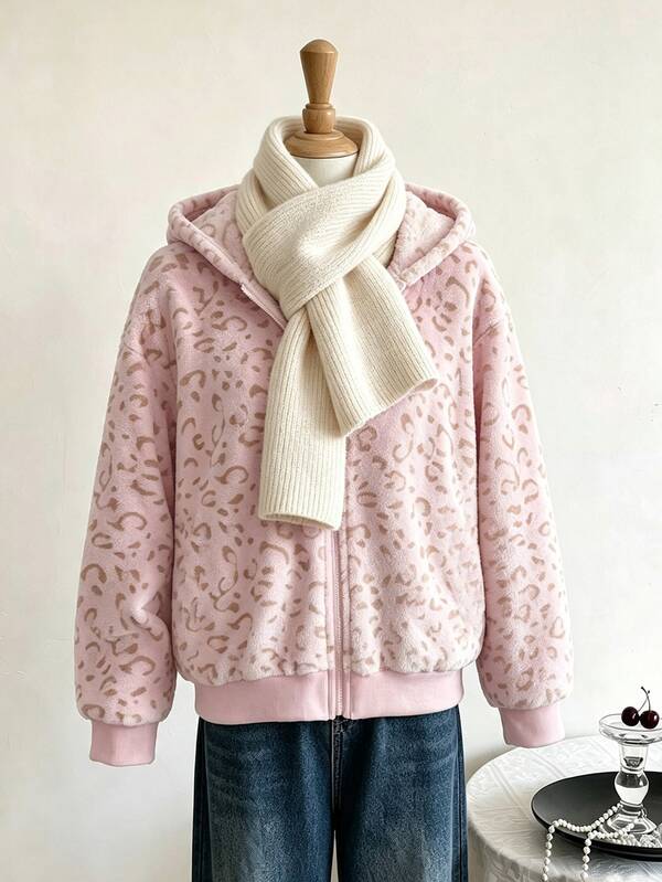 SHEIN Girls' Single Piece Minimalist Casual Daily Pink Leopard Print Fuzzy Zip-Up Jacket, Autumn/Winter
