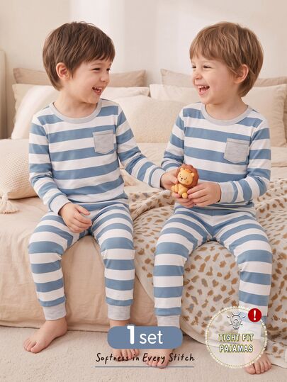 1 Conjunto de Pijama para Niños Jóvenes Otoño/Invierno Enviado al Azar con Estampado Lindo de Estrella Rayas Luna Azul Marino Azul Claro Blanco Suave Manga Larga Pantalones Largos Ajuste Ceñido