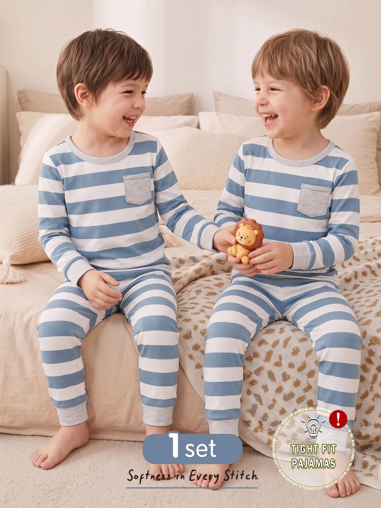 1 Set Randomly Send Autumn/Winter Young Boys Pajama Cute Star Stripe Moon Print Navy Blue Light Blue White Soft Long Sleeve Top Long Pants Snug Fit - Blue - View 3