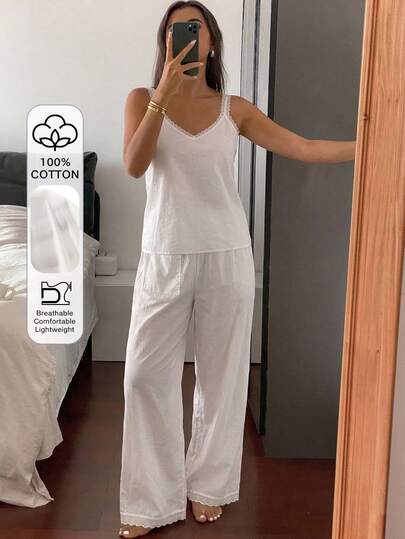 DAZY 2pcs/Set Women's Lace Patchwork Sleeveless Camisole Top & Straight Leg 5-Point Pajama Pants Sleepwear Set