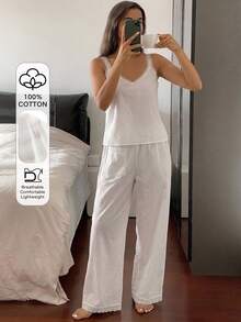 DAZY 2pcs/Set Women's Lace Patchwork Sleeveless Camisole Top & Straight Leg 5-Point Pajama Pants Sleepwear Set - White - View 5