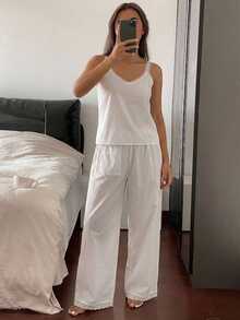 DAZY 2pcs/Set Women's Lace Patchwork Sleeveless Camisole Top & Straight Leg 5-Point Pajama Pants Sleepwear Set - White - View 9