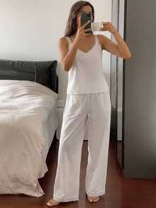 DAZY 2pcs/Set Women's Lace Patchwork Sleeveless Camisole Top & Straight Leg 5-Point Pajama Pants Sleepwear Set - White - View 8