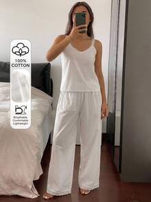 DAZY 2pcs/Set Women's Lace Patchwork Sleeveless Camisole Top & Straight Leg 5-Point Pajama Pants Sleepwear Set - White - View 4