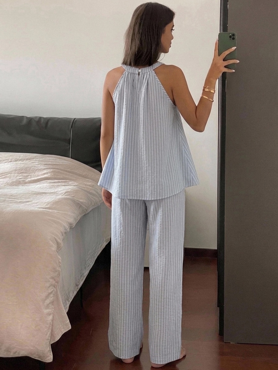 2pcs Striped Sleeveless Tank Top & Straight Leg Long Pajama Pants Women's Sleepwear Set