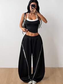 Coolane Setelan Olahraga Wanita Musim Panas Colorblock, Atasan Tank Crop Kontras dan Celana Jogging Kaki Lebar, 2 Potongan Setelan Olahraga Athleisure untuk Gym - Hitam - View 5