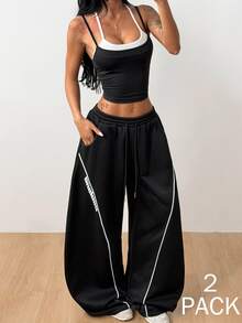 Coolane Setelan Olahraga Wanita Musim Panas Colorblock, Atasan Tank Crop Kontras dan Celana Jogging Kaki Lebar, 2 Potongan Setelan Olahraga Athleisure untuk Gym - Hitam - View 4