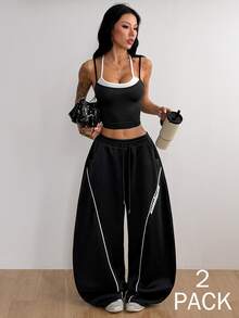 Coolane Setelan Olahraga Wanita Musim Panas Colorblock, Atasan Tank Crop Kontras dan Celana Jogging Kaki Lebar, 2 Potongan Setelan Olahraga Athleisure untuk Gym - Hitam - View 7