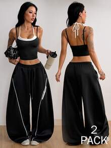 Coolane Setelan Olahraga Wanita Musim Panas Colorblock, Atasan Tank Crop Kontras dan Celana Jogging Kaki Lebar, 2 Potongan Setelan Olahraga Athleisure untuk Gym - Hitam - View 3