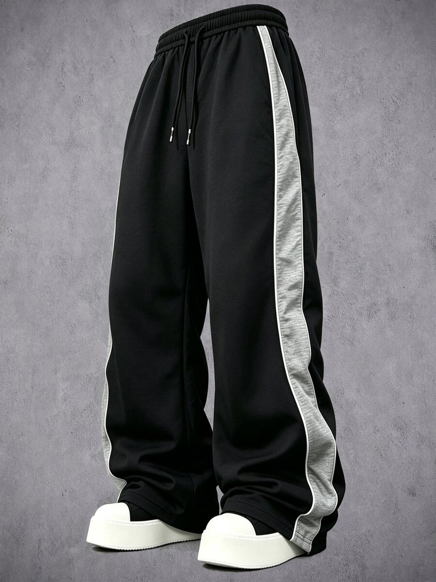 Manfinity Denimwave Men Contrast Side Seam Drawstring Waist Pants Beach Vacation Black Autumn Streetwear - Black - View 1