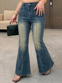 Dazy Plus Girls' Stretch Washed Distressed Wrap-Around Flare Long Denim Jeans, All-Season - Dusty Blue - View 3