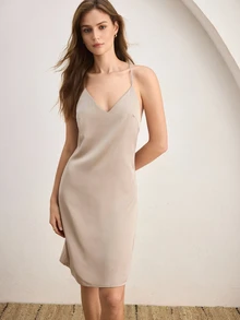 Ocili Camisón de satén de unicolor con tirantes cruzados, espalda descubierta y patchwork para mujer de ocio - Caqui - Ver 5