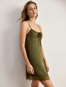 Ocili 女款素色對比蕾絲優雅細肩帶睡裙 - 綠色 - 查看 2