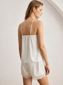 Ocili Women's Solid Color Lace Patchwork Camisole & Shorts Pajama Set - White - View 2
