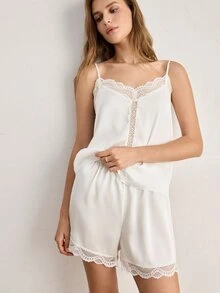 Ocili Women's Solid Color Lace Patchwork Camisole & Shorts Pajama Set - White - View 7