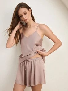 Ocili Silky Satin Comfortable Loose Drawstring Shorts Women's Pajama Bottoms - Khaki - View 2