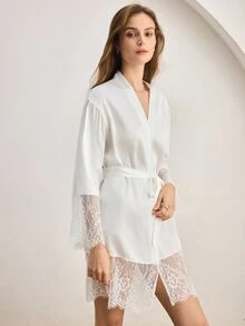 Ocili 女款休閒純色緞面蕾絲拼接晨袍 - 白色 - 查看 5