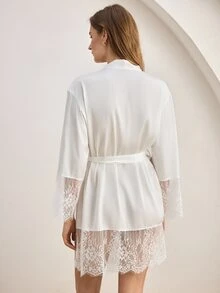 Ocili 女款休閒純色緞面蕾絲拼接晨袍 - 白色 - 查看 3