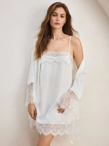 Ocili 女款休閒純色緞面蕾絲拼接晨袍 - 白色 - 查看 8