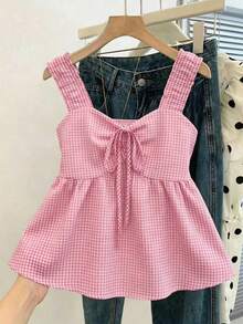 SHEIN Franclia 2026新款女士红色格纹吊带背心，Coquette Aesthetic褶皱前摆荷叶边无袖上衣，Y2K可爱荷叶边修身飘逸夏季背心，适合日常穿着、度假、海滩、街头服饰 - 粉色 - 查看 3