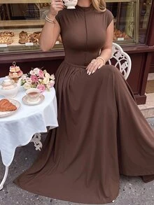 SHEIN MOD 大码女士棕色高领长款针织连衣裙，适合情人节、婚礼、优雅场合，白色连衣裙，婚礼宾客礼服，春夏装扮，下午茶派对装扮，节日，生日 - 咖啡棕 - 查看 4