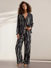 Ocili Comfortable Rayon Minimalist Striped Women's Pajama Set - Black - View 8